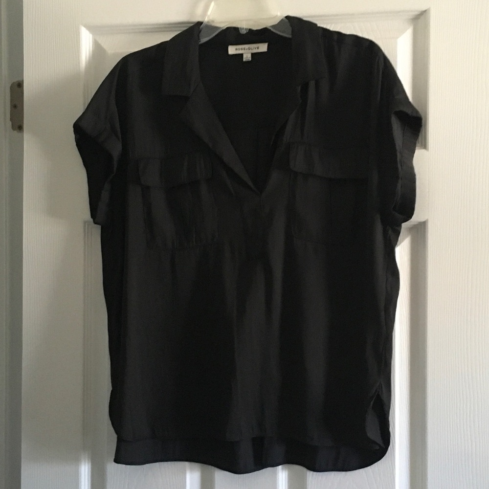 Rose & Olive Black Short-Sleeve V-Neck Utility Blouse